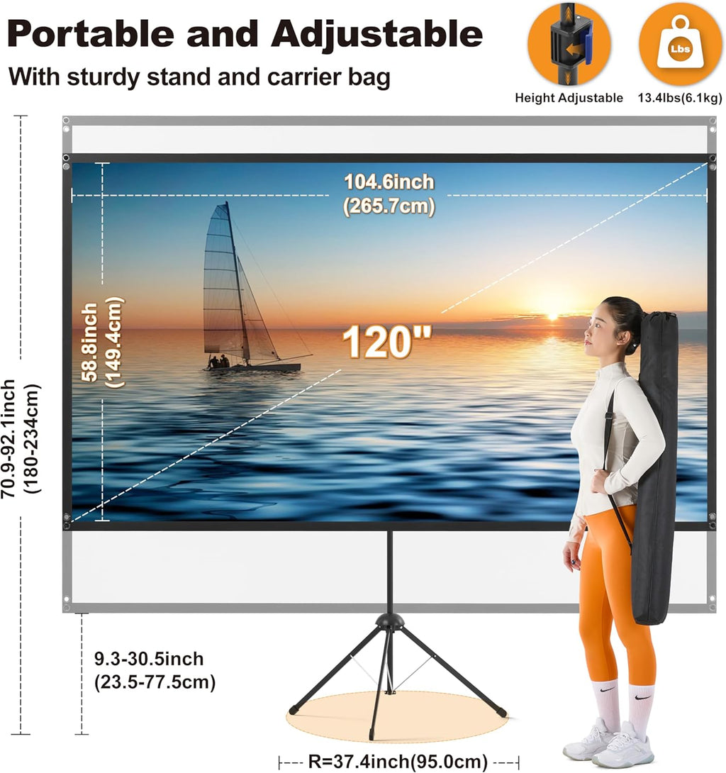 Outdoor Projector Screen 120 Inch, 16:9, High Gain, Projector Screen with Stand, Wind-resistant Design for Portable Projection Screen Outdoor, With Ropes and Spikes, 4K Image for Home Theater, Camping