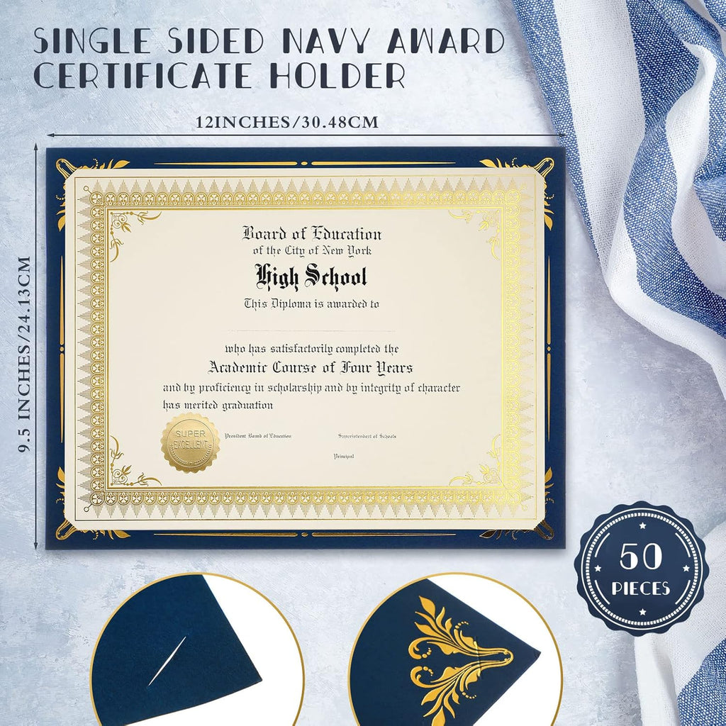 Fainne 50 Sets Certificate Kit Includes 50 Pcs 9.5 x 12 Inch Certificate Holders 50 Pcs Letter Size Papers 50 Pcs Foil Award Seals Diploma Covers for Appreciation(Navy Blue, Gold)