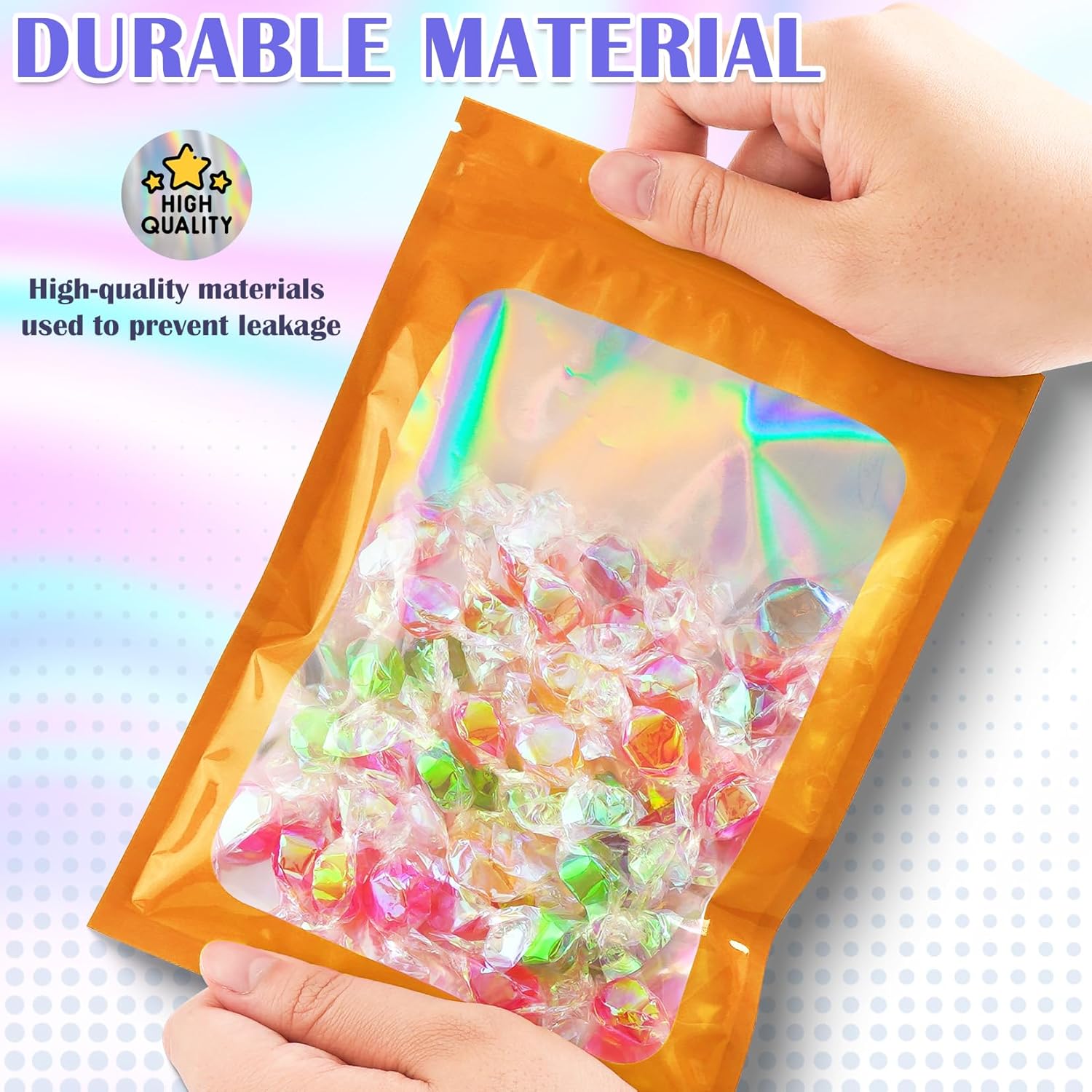 100 Pcs Mylar Bags, Smell Proof Bags Foil Pouch, Holographic Resealable Bags for Small Business, Candy Sample Jewelry Bag Sealable Packaging for Party Favor Food Storage ((2.8x3.9in-Orange)