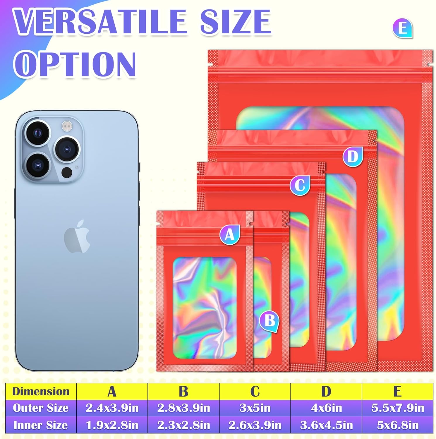100 Pcs Mylar Bags, Smell Proof Bags Foil Pouch, Holographic Resealable Bags for Small Business, Candy Sample Jewelry Bag Sealable Packaging for Party Favor Food Storage (5.5x7.9in-Red)
