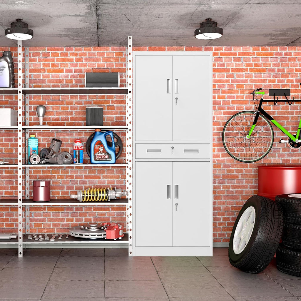 BESFUR Metal Cabinet, Garage Storage Cabinet with Drawer and Adjustable Shelves for Garage, Office, School - White