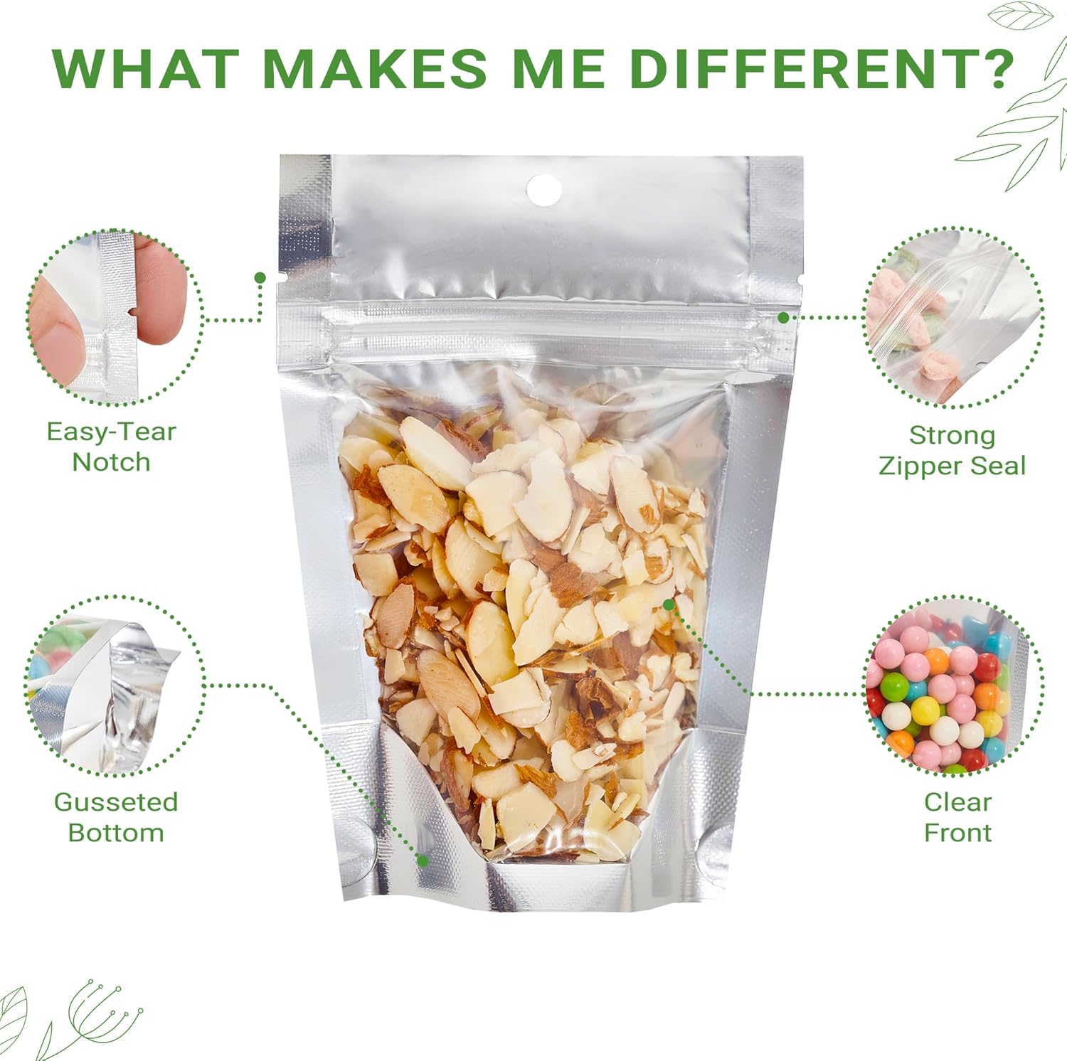 100 Pieces 4" x 6" Resealable Stand Up Pouch Bags Mylar Food Packaging with Clear Window and Tear Notches