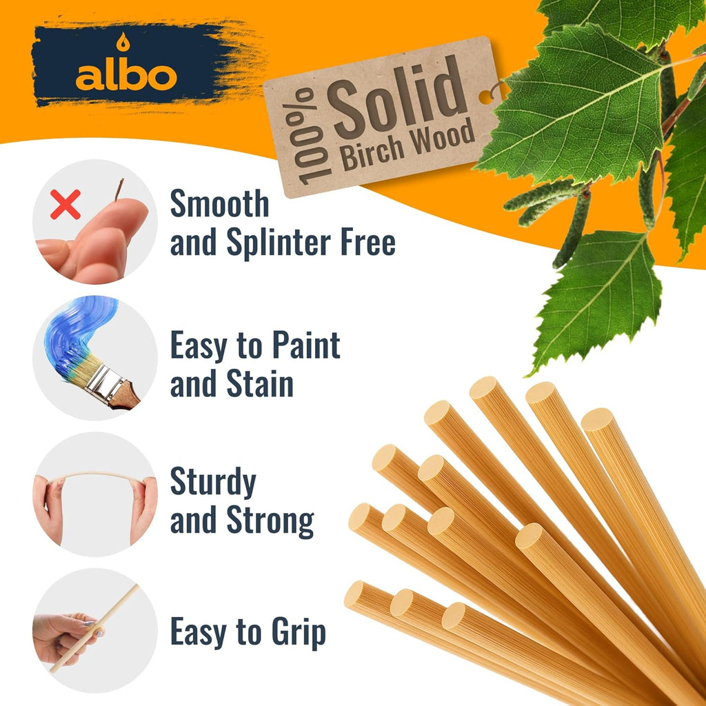 ALBO Wooden Dowel Rods 100 PCS 1/8" x 12" Inch Round Wood Sticks for Crafts, DIY Projects and Macrame Hardwood Assorted Bouquet Sticks Cake Dowels for Tiered Cakes