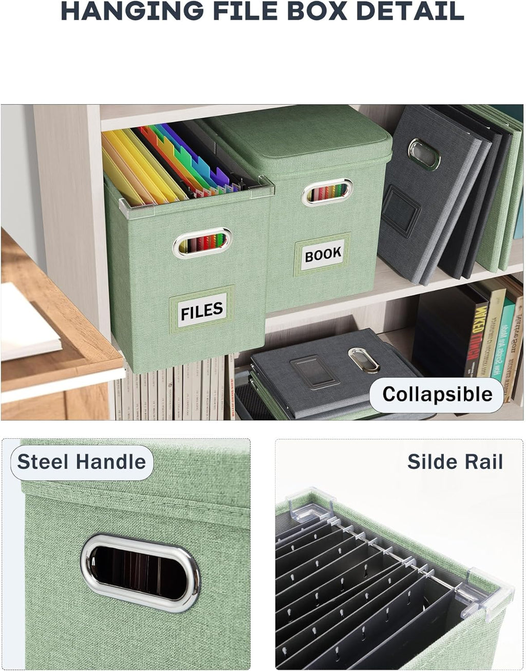 Oterri Hanging Filing File Box with Mesh Pocket, File Organizer Box with Lid, Collapsible Document Organizer Box for Letter Size, Easy Slide Durable Storage Box for Office/Decor/Home (2 PCS, Green)
