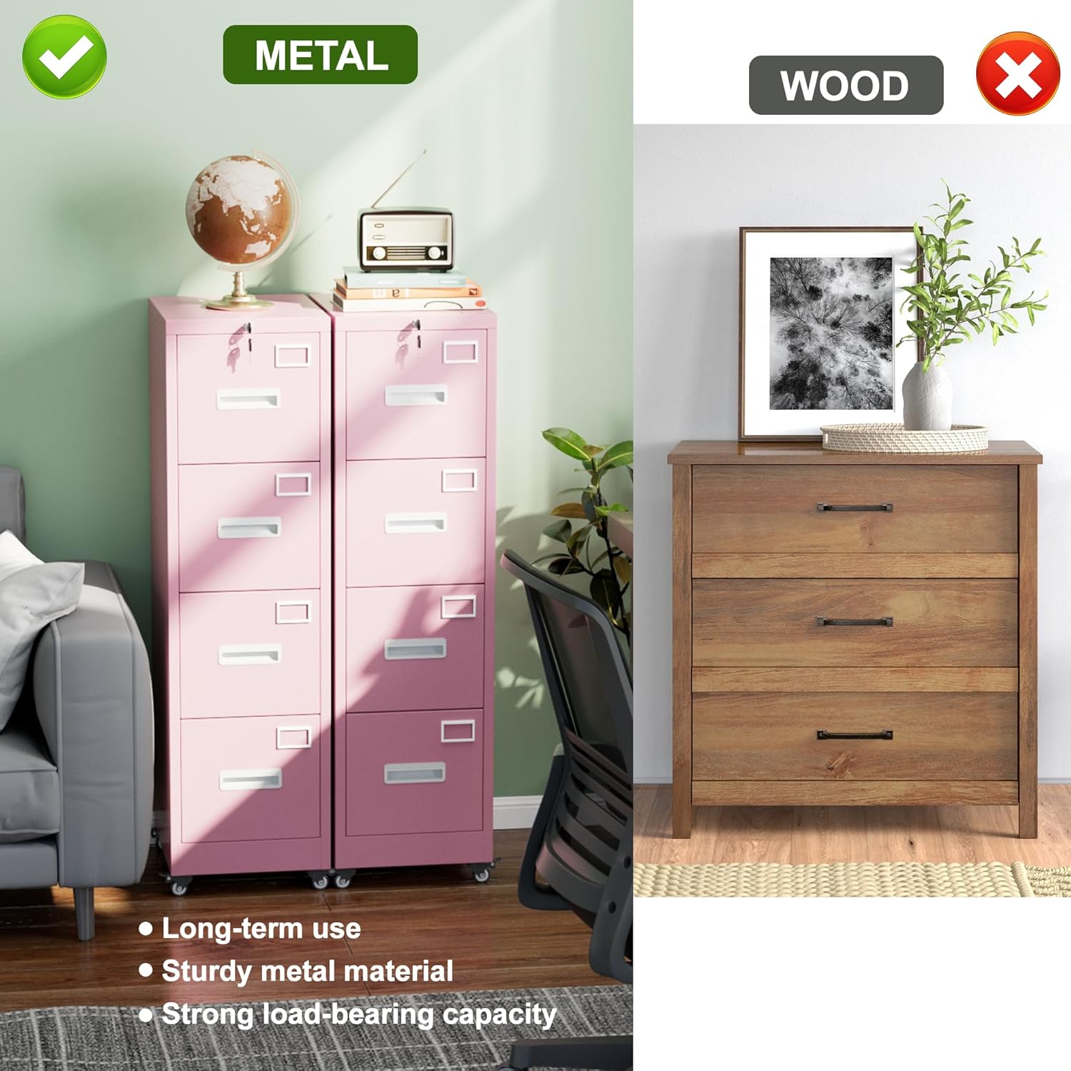 Aobabo File Cabinet 4 Drawer with Wheels, Lockable Office Metal Filing Cabinet with Name Card for Office and Home,Assembly Required,Pink