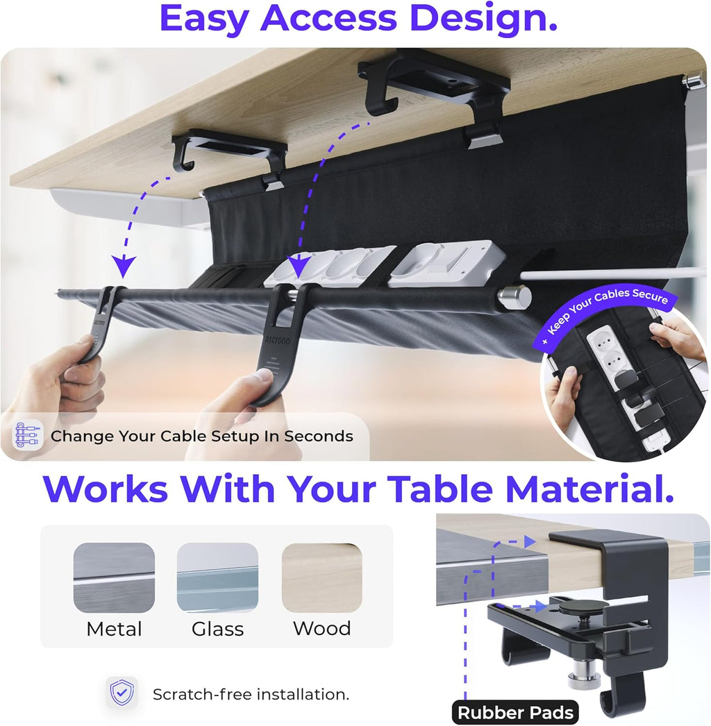 Original No Drill Under Desk Cable Management Tray 27.3" - Premium Black Fabric Cable Management Under Desk - Clamp/Screw Mount Cord Organizer - Supports Upto 66lbs