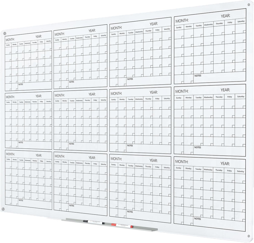 J&J worldwide Glass Whiteboard Yearly Calendar - 35" X 47" Large Wall Whitrboard - White Board Dry Erase Planner for Wall Home, School, Office