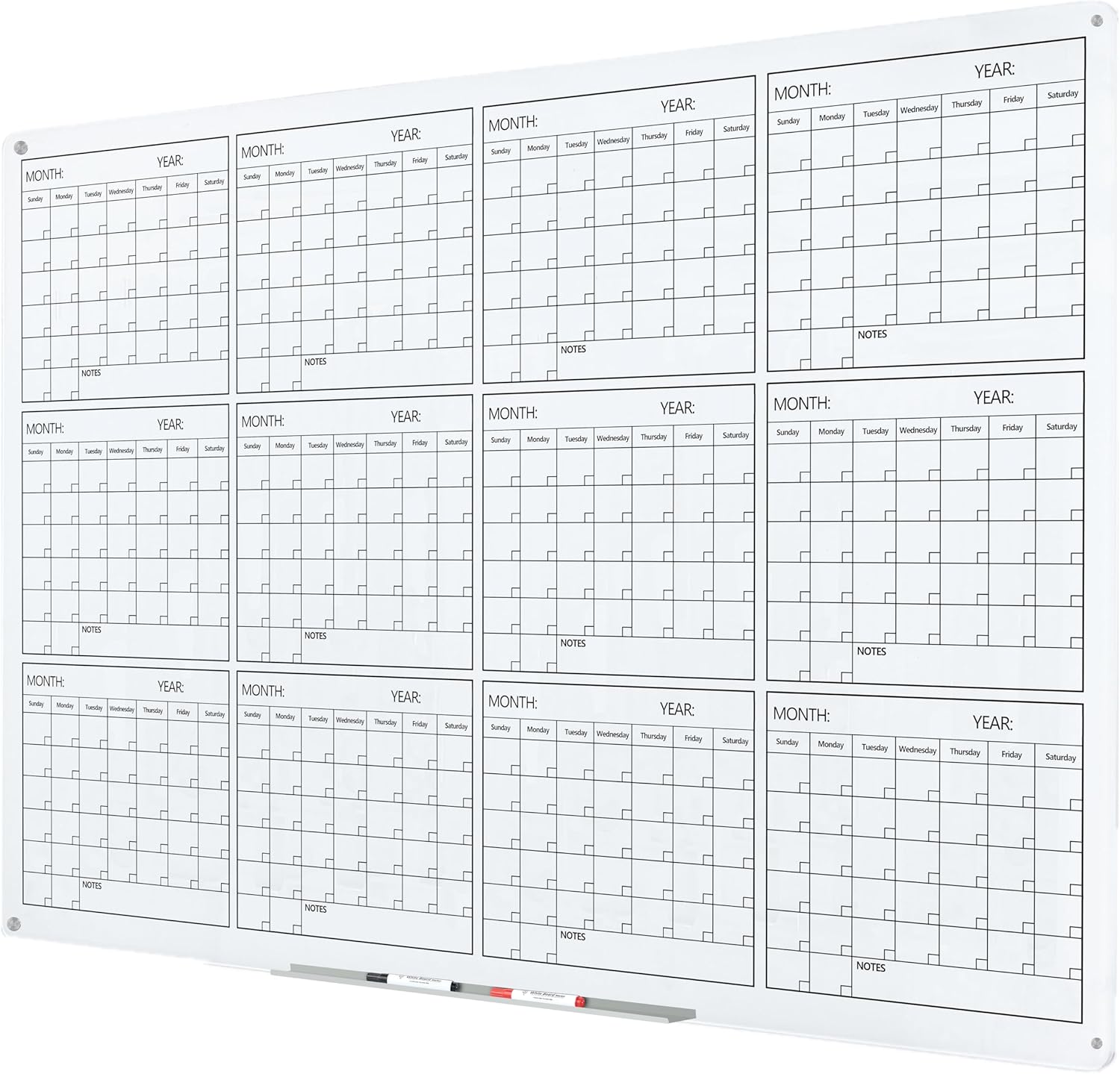 J&J worldwide Glass Whiteboard Yearly Calendar - 35" X 47" Large Wall Whitrboard - White Board Dry Erase Planner for Wall Home, School, Office
