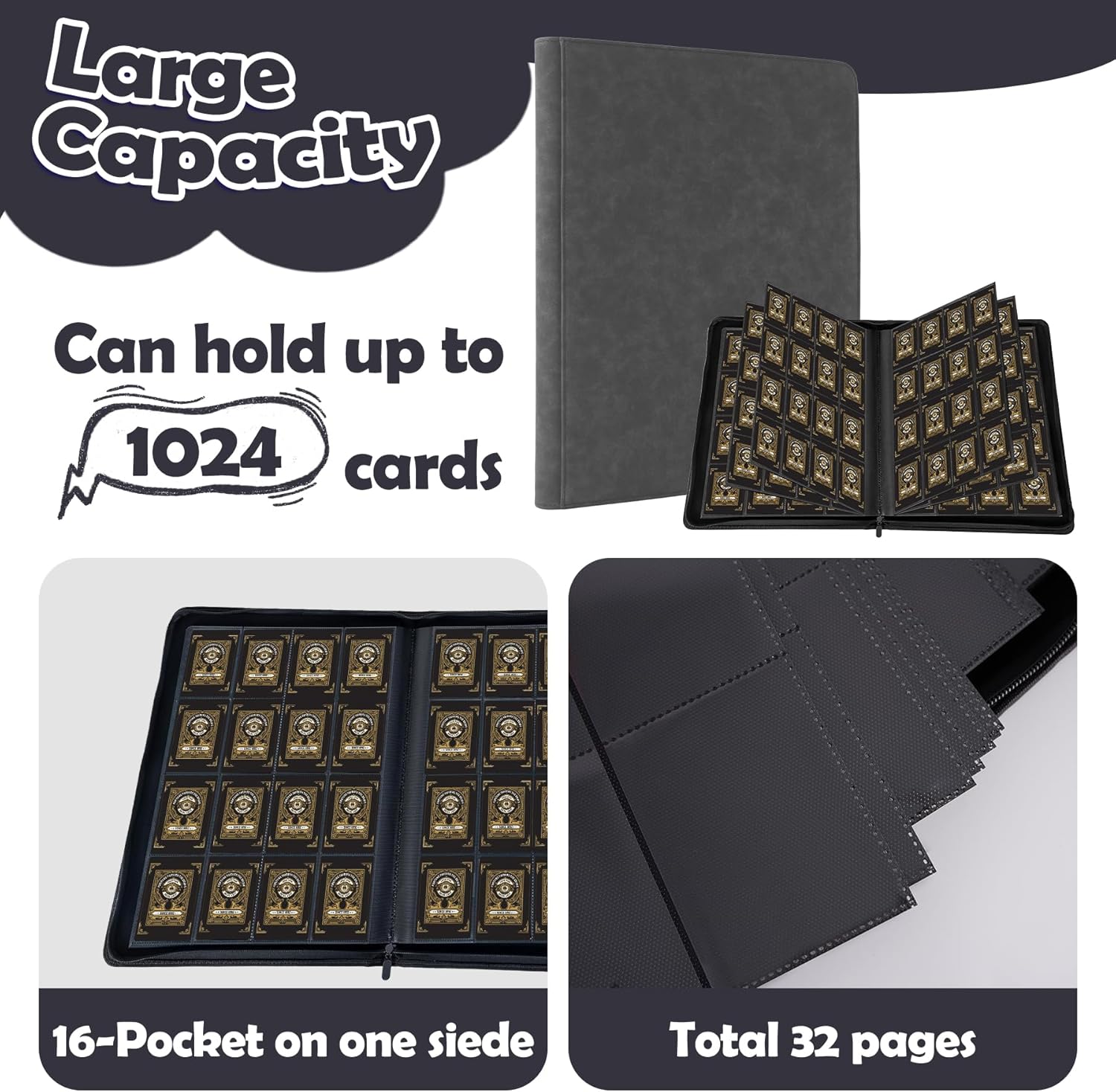 1000+ Pockets Trading Card Binder, 16 Pockets Trading Card Binder Ringless Side Loading Trading Card Album Folder for TCG,MTG,Sports Cards (Black)