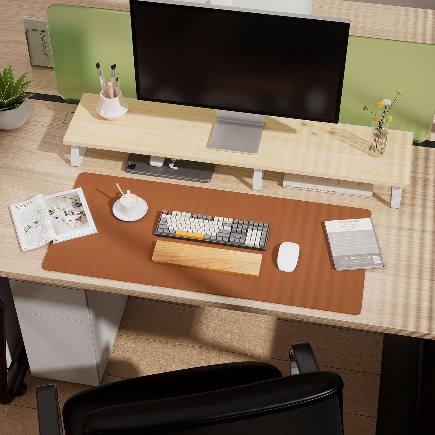 Aothia Double-Sided Desk Pad, 35.4" x 15.7"Leather Desk Mat, Eco Cork Desk Pad Protector,Large Mouse Pad,Waterproof Desk Blotter for Office/Home(Brown)