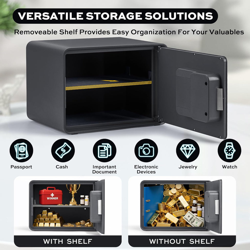 Biometric Safe for Home, 0.6 Cube Feet Auto-Open Fingerprint Safe with Touch Screen, Alarm System & Removable Shelf, Small Money Box for Cash, Jewelry, Documents, Home Office Use, Black