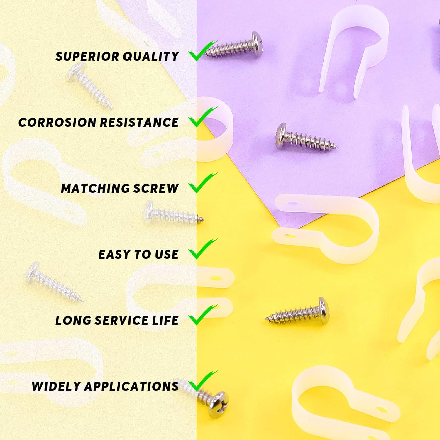 Swpeet 60 Pack White 5/8 Inch Nylon Plastic R-Type Cable Clips Clamp Kit, Nylon Screw Mounting Cord Fastener Clips with 60 Pack Screws for Wire Management (5/8 Inch, White)