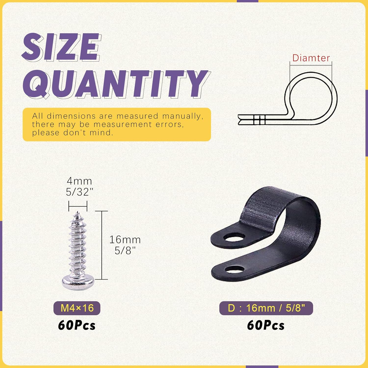 Swpeet 60 Pack Black 5/8 Inch Nylon Plastic R-Type Cable Clips Clamp Kit, Nylon Screw Mounting Cord Fastener Clips with 60 Pack Screws for Wire Management