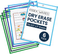 Essex Wares - 6 Pack, Blues & Greens, Water-Resistant Dry Erase Pocket Document Protectors, 10" Wide x 13.5" Tall - Dry Erase Clear Plastic Sleeves - Reusable & Easy Erase Plastic Invoice Holders
