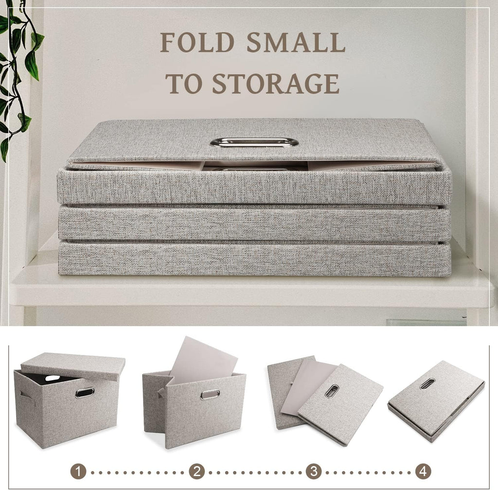 Large 17 36 Quart Collapsible Stackable Storage Bins with Lids, 1 Pack Beige Foldable Fabric Closet Storage Boxes with Lids, 4 Handles Toy Heavyduty Dark Gray Linen Storage Cube Box