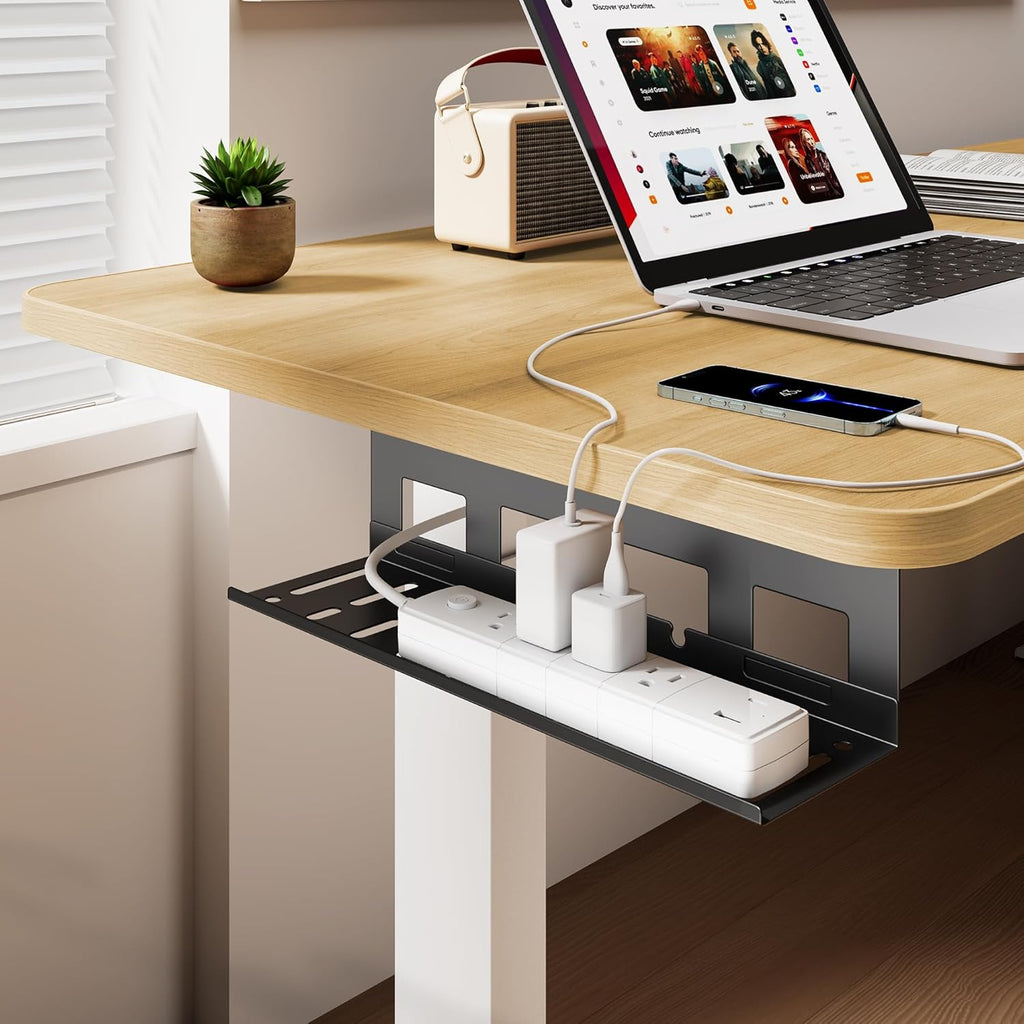 Under Desk Cable Management Tray, 15.7 Inches Metal Cord Organizer Rack, Desk Tray for Power Strip, Cord, Wire, Easy Mounting Cable Management Under Table for Home Office, Black