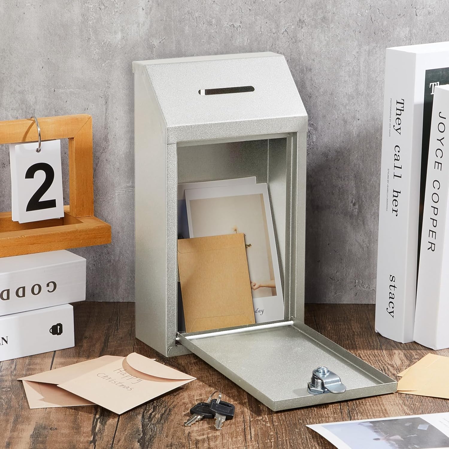2 Pack Metal Suggestion Boxes with Lock Keys Ballot Donation Boxes with Slot for Fundraising Wall Mounted Mailbox Delivery Container for Home Office Outdoor Door, 10.2x5.7x2.95in(White)