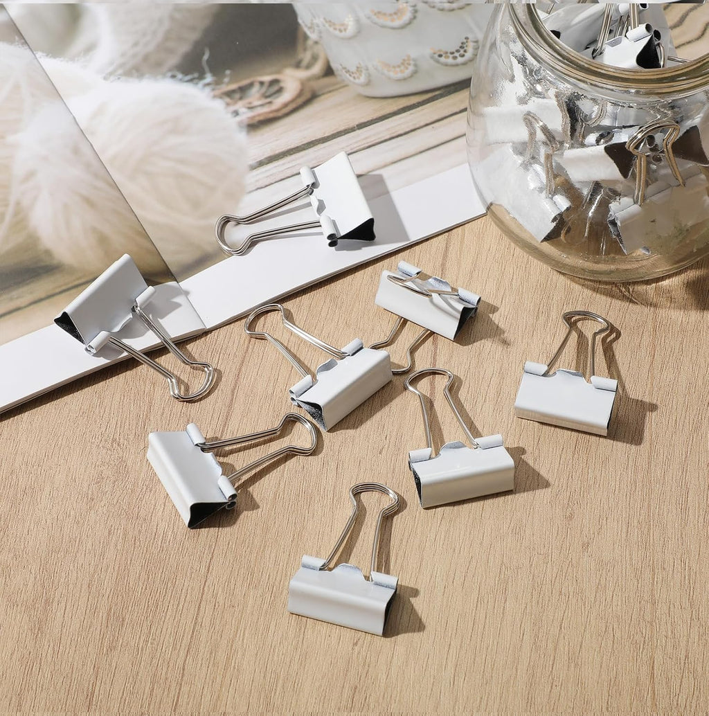 Jetec 100 Pack 1in/25mm White Metal Binder Clips Bulk Medium Reusable Fold Back Binder Clips Paper Clamps Spring Steel Sturdy for Home School Office Supplies