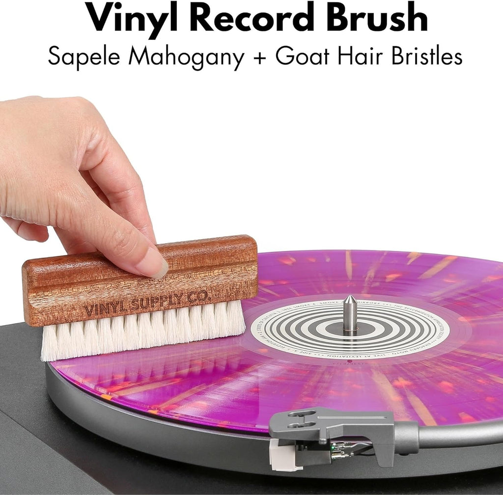 3-in-1 Ultimate Vinyl Record Cleaning Kit 100% All-Natural Sapele Mahogany Wood Vinyl Cleaning Kit - Goat Hair Vinyl Record Brush, Velvet Brush Pad, & Stylus Brush Cleaner