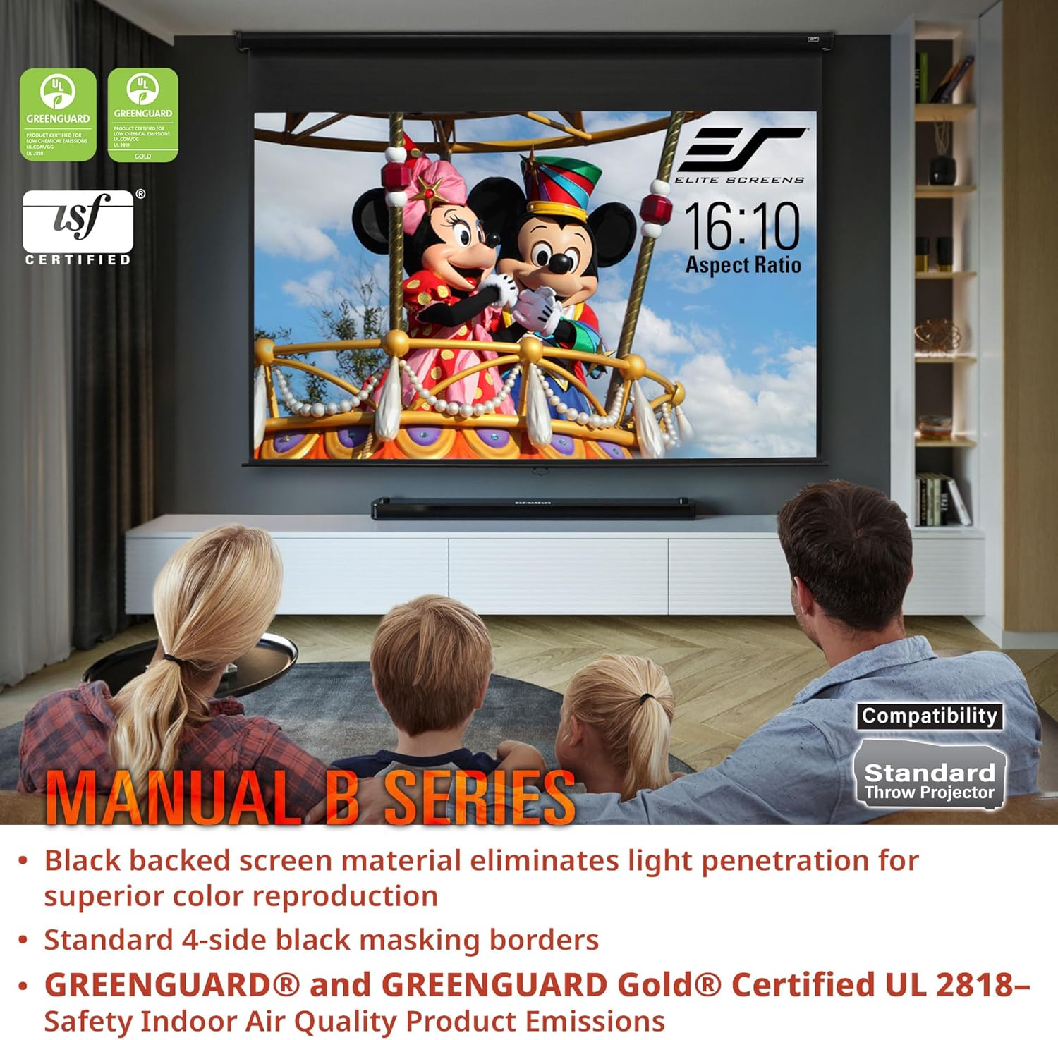 Elite Screens Manual B, 135-INCH Manual Pull Down Projector Screen 16:9 Diag 4K 8K 3D Ultra HDR HD Ready Home Theater Movie Office Presentation Projection Screen, M135H