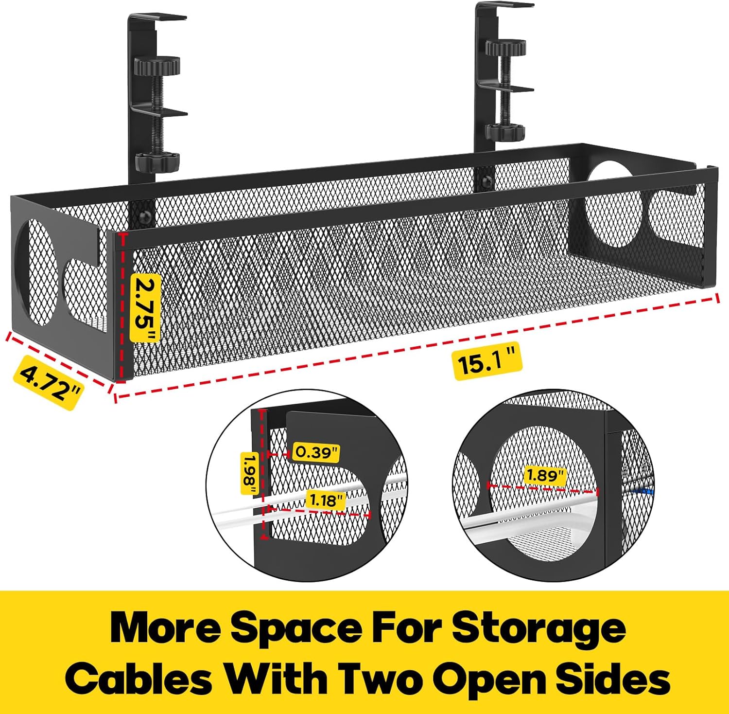 Under Desk Cable Management Tray No Drill 15.1’’, Metal Mesh Cable Management Box with Hybrid Side Slots Cable Raceway,Adjustable Cable Tray with Wire Management for Office Home,1 Pack (Black)