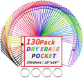 130 Packs Dry-Erase Pockets Bulk Oversized Reusable Dry Erase Pocket Sleeves with 7 Rings, 20 Assorted Colors 10x14 Ticket Holders, Clear Plastic Sheet Protectors, Teacher School Classroom Supplies