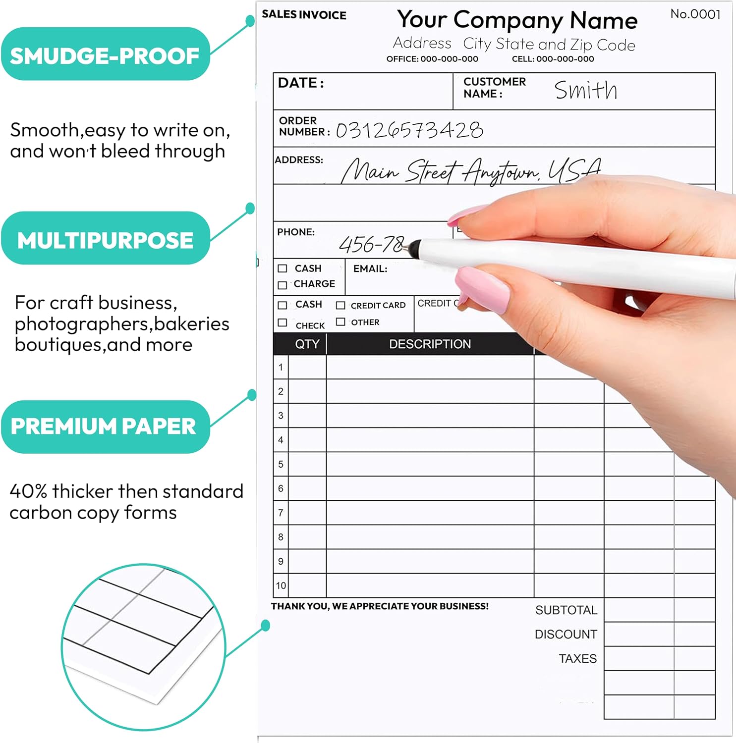 Custom 8.5" X 11" Invoice Receipt Book, Carbonless NCR Invoice Book in 2-Part Duplicate Receipts, Estimates, Purchase Orders, Sales Orders, Price Forms with Your Company/Business Name