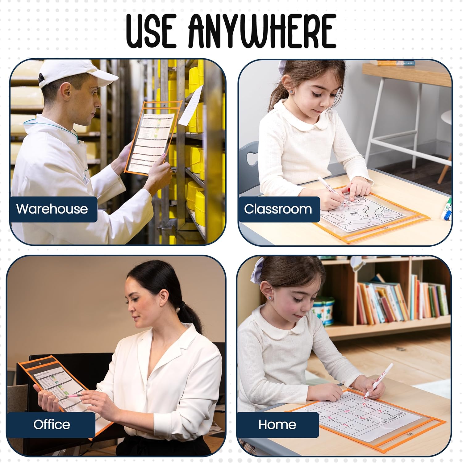 Essex Wares - 6 Pack, Orange, Dry Erase Pocket Document Protectors, 10" Wide x 13.5" Tall - Dry Erase Clear Plastic Sleeves - Reusable & Easy Erase Plastic Invoice Holders, Water-Resistant & Durable