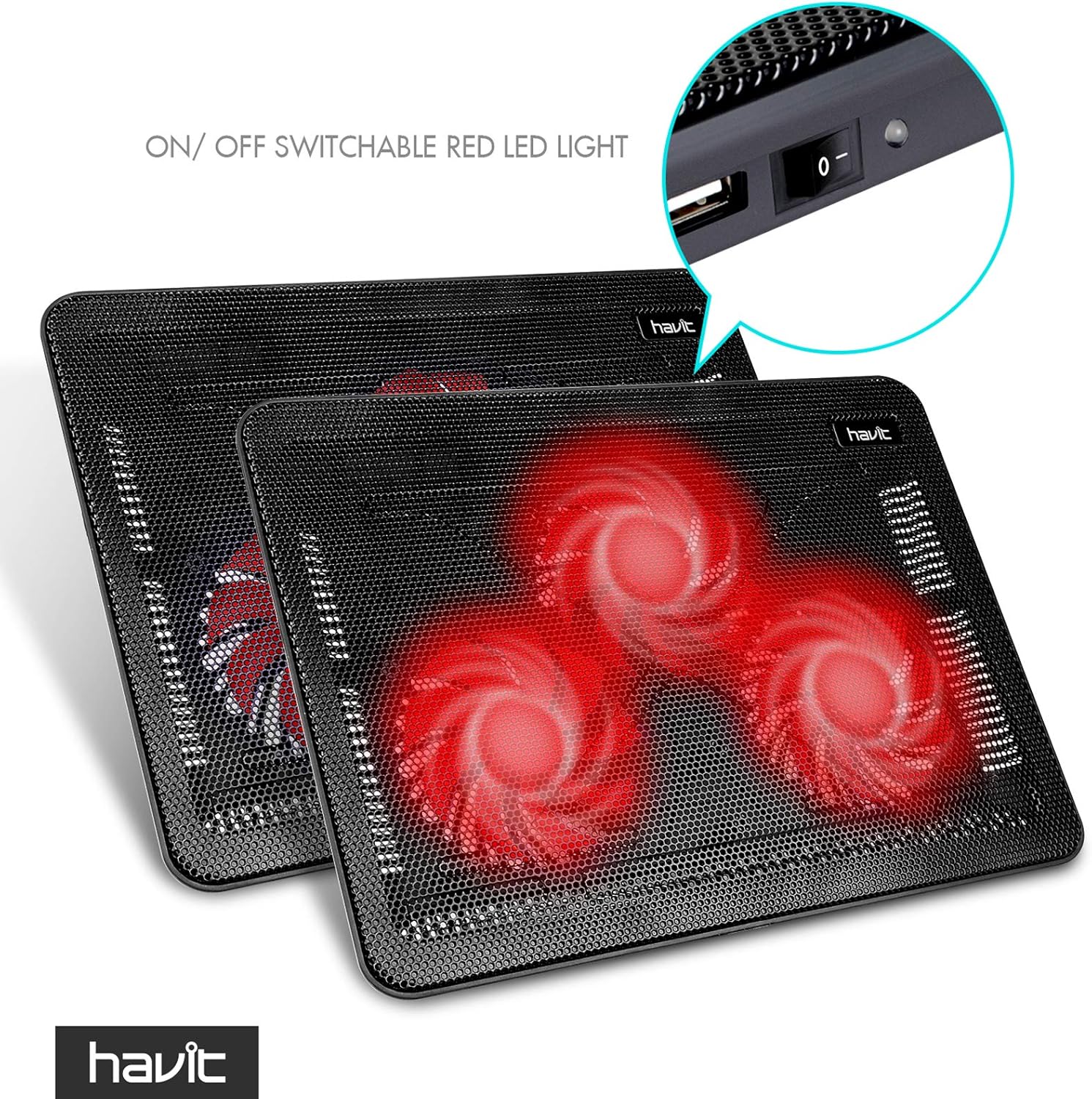 Havit HV-F2056 15.6-17 Inch Laptop Cooler Cooling Pad - Slim Portable USB Powered (3 Fans) (Black+Red)
