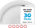 Gamenote 30 Pack White Dry Erase Pockets with 5 Rings, 10x14 Oversized Reusable Plastic Sleeves, Clear Sheet Protectors, Teacher Supplies for Classroom Organization