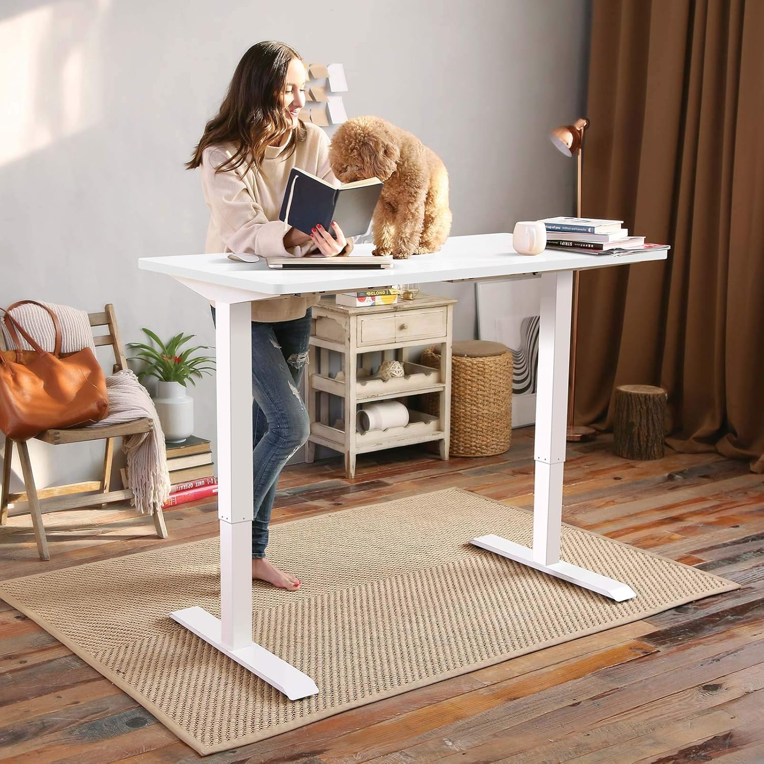 FLEXISPOT EN1 Whole-Piece Standing Desk 48 x 30 inches Electric Height Adjustable Desk for Home Office w/Automatic Smart Keypad (Upgraded White Frame + White Top, 2 Packages)