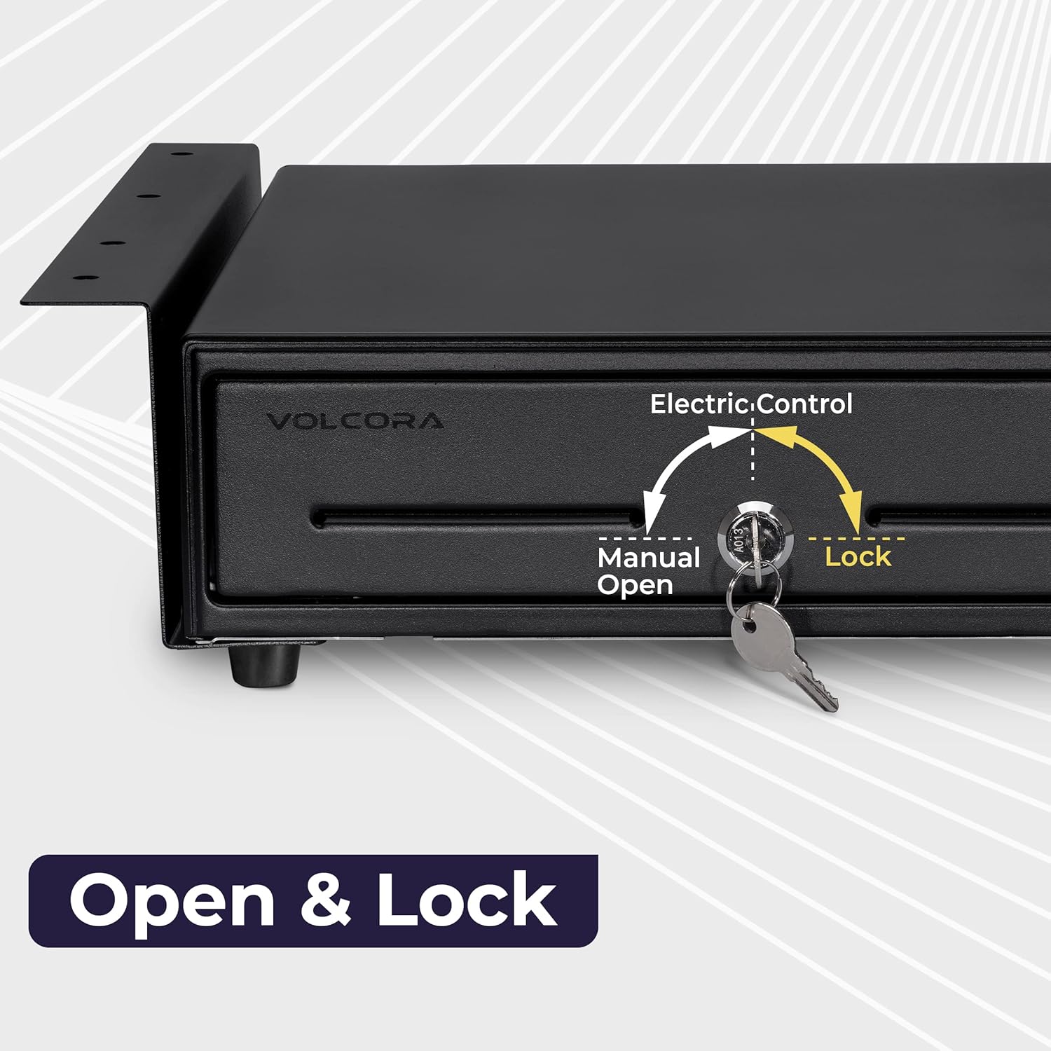 Volcora Cash Register Drawer with Under Counter Mounting Metal Bracket, 13" Black Cash Drawer for POS, 4 Bill 5 Coin Cash Tray, Fully Removable 2Tier Compartment 24V RJ11/RJ12 Key-Lock, 2 Media Slots