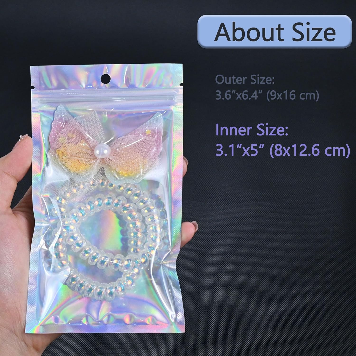 100 Pack Holographic Resealable Plastic Bags for Food Storage, Zipper Bags with Clear Front Window, Packaging Pouch for Small Business (100 Pack, 3.6x6.4 inch)