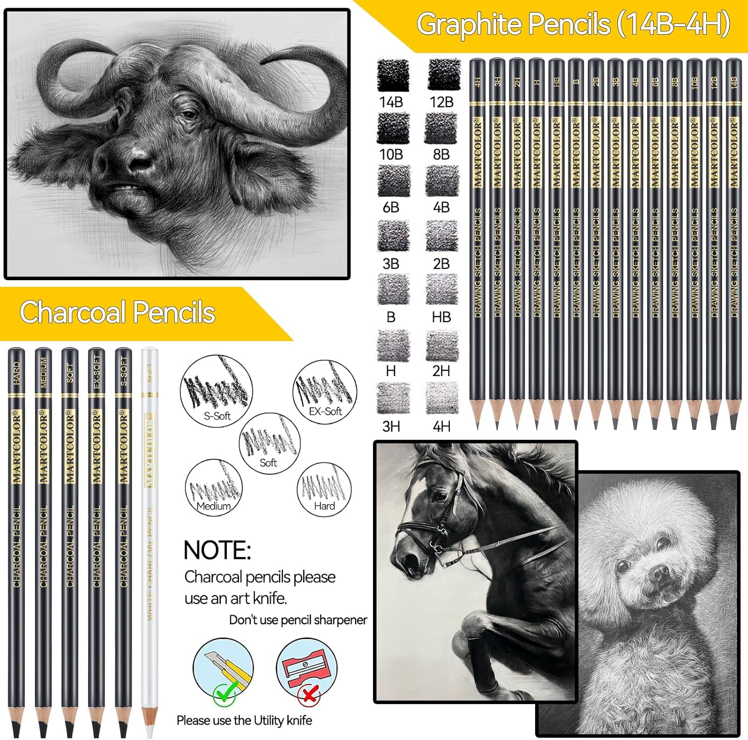 Drawing Sketching Pencil Set, 26 Pieces, Graphite Pencils (14B-4H), Charcoal Pencils, Charcoal Sticks, Blending Stump, Eraser, Sharpeners, Artist Pencils for Beginners & Pro Artists
