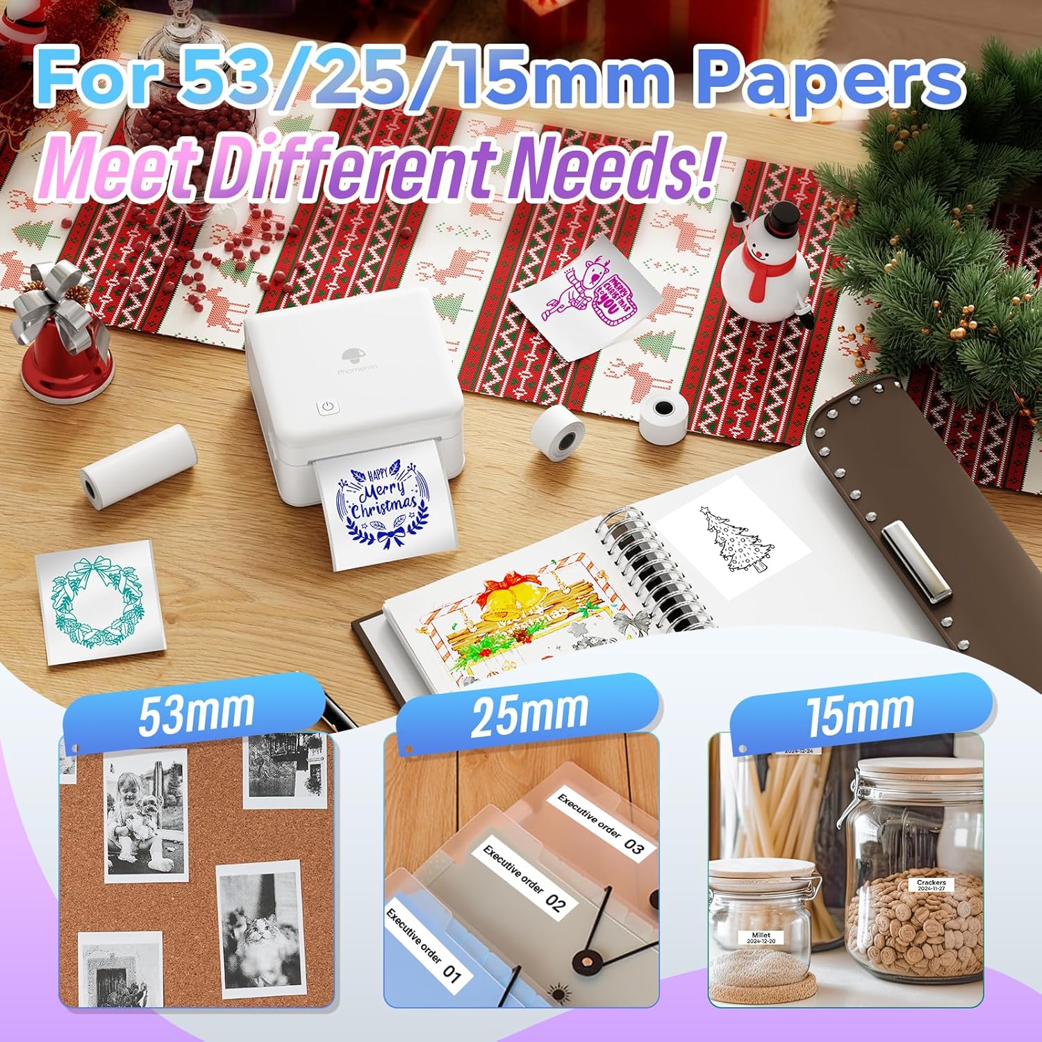 Phomemo Print Pods- Sticker Printer Mini Printer Thermal Sticker Maker Bluetooth Printer for Study Notes, Photos, List, Stickers, Gift, 3 Rolls Paper, White