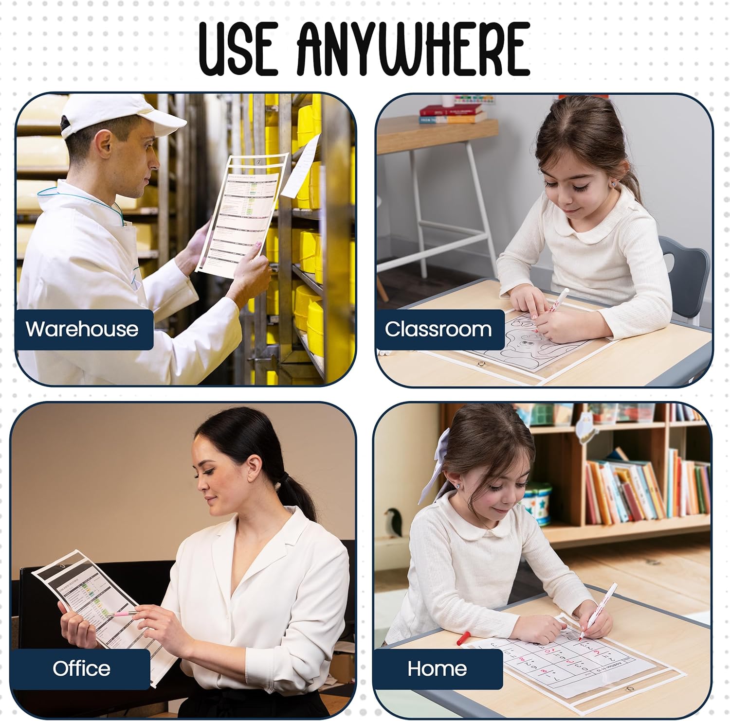 Essex Wares - 6 Pack, White, Dry Erase Pocket Document Protectors, 10" Wide x 13.5" Tall - Dry Erase Clear Plastic Sleeves - Reusable & Easy Erase Plastic Invoice Holders, Water-Resistant & Durable