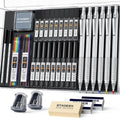 35Pcs Art Mechanical Pencil Set with Case, 0.5 0.7 0.9 2.0 Graphite Metal Drawing Drafting Pencils, Sharpener Erasers 384PCS Lead Refills (6B 4B 2B HB 2H 4H Colors)Pencils for Writing Sketching,Silver