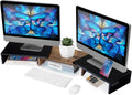 Dual Monitor Stand Riser for 2 Monitors, Monitor Stand for Desk, Adjustable Length Swivel Angle Wooden Desktop Organizer Stand Riser with Smartphone Holder for PC Monitor, Rustic Brown