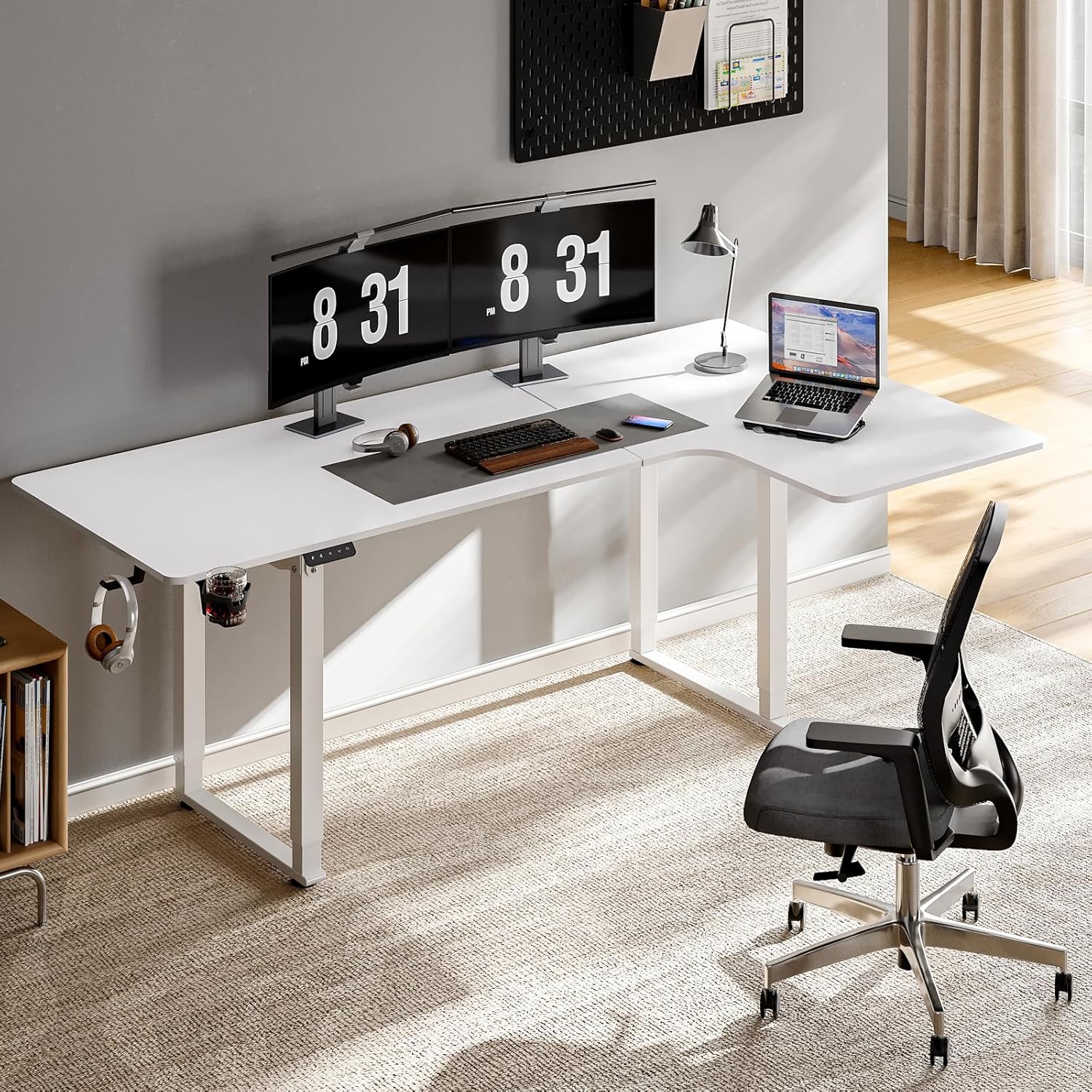 L Shaped Standing Desk, 63x43 Inches Electric L Stand Up Desk with 4 Legs, Dual Motor and Memory Controller, Adjustable Height from 28-46 Inches for Home and Computer Workstation, White