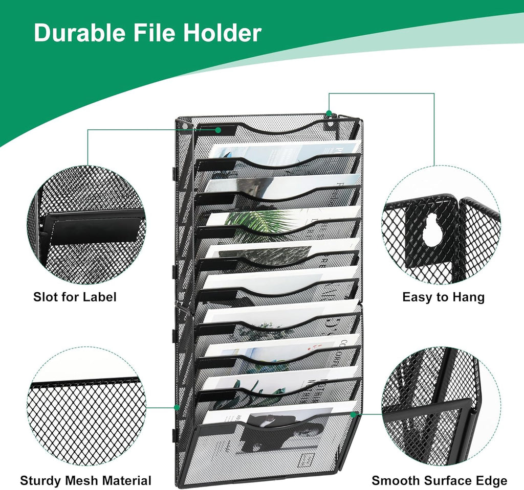 10-Pocket Wall File Organizer, Hanging Mail Organizer Wall Mounted Paper Document Holder, Metal Clipboard Storage Basket for Office Home School Organization, Black