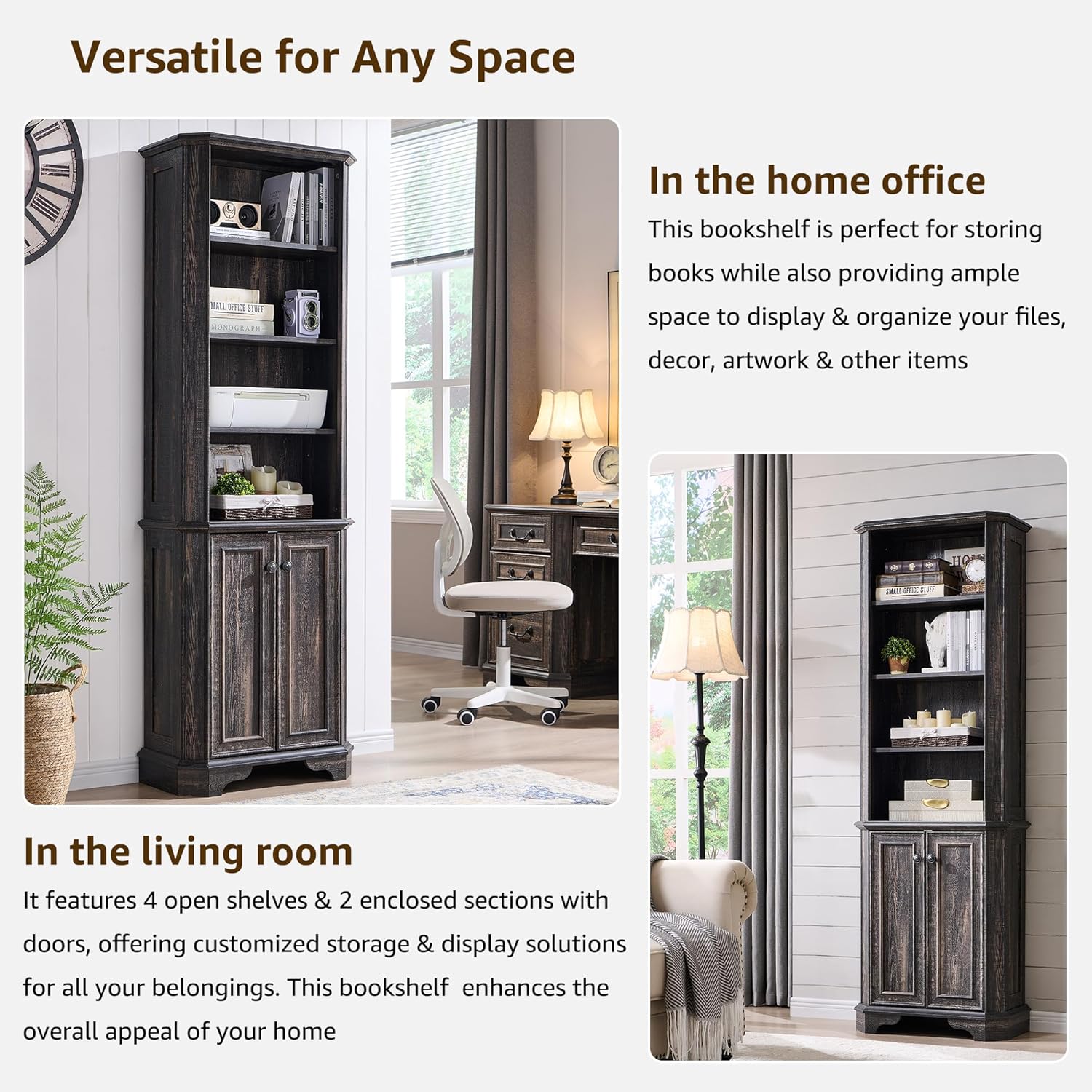 T4TREAM 6-Tier Bookshelf with Storage, 72" Tall Farmhouse Bookcase with Doors and Adjustable Shelves, Wooden Floor Standing Display Book Shelf Organizer for Home Office, Dark Rustic Oak
