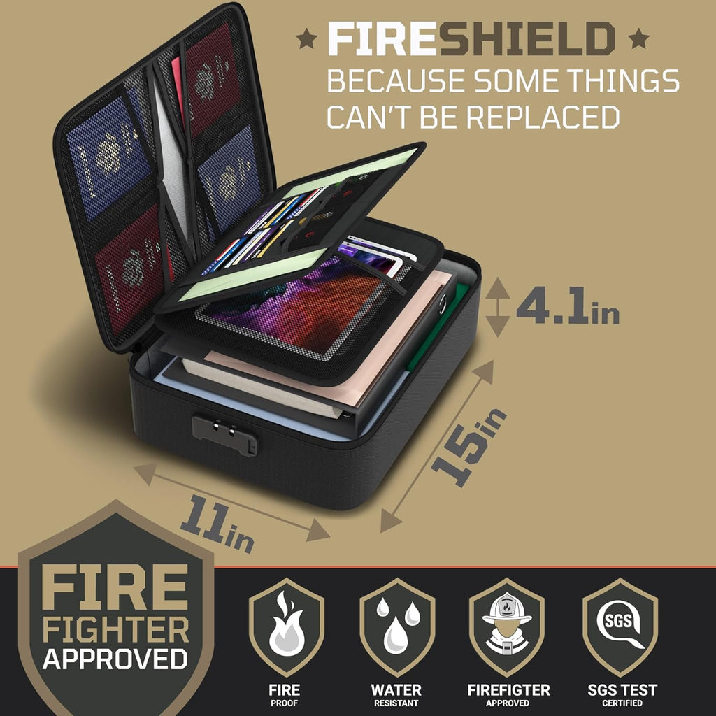 FIRESHIELD PRO 5200°F Fireproof Document Box with Lock – Fire Safe Organizer with Laptop, Tablet & Cards Pockets – Water Resistant, Multi-Pocket Storage for Travel, Home or Office – 15" x 11" x 4.1"