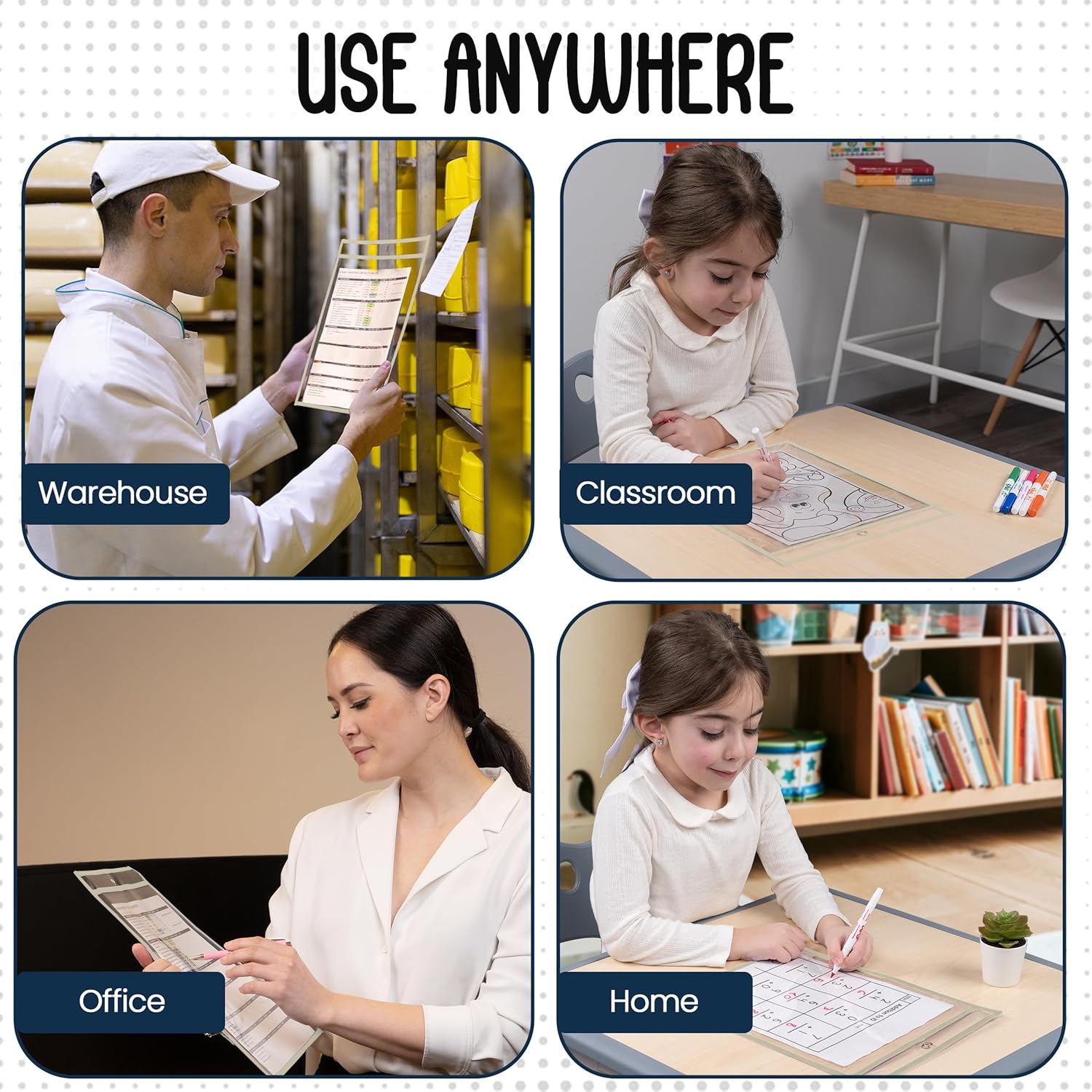 Essex Wares - 6 Pack, Beige, Durable Water-Resistant Dry Erase Pocket Document Protectors, 10" Wide x 13.5" Tall - Dry Erase Clear Plastic Sleeves - Reusable & Easy Erase Plastic Invoice Holders