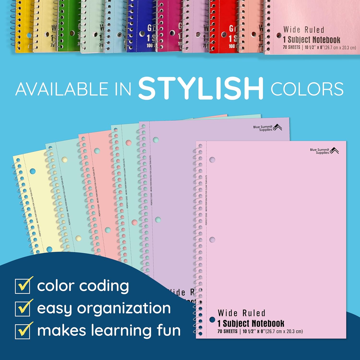 Blue Summit Pastel Spiral Notebooks, 1 Subject Pastel Notebooks Wide Ruled, Paper School Bulk Notebook, 12 Pack
