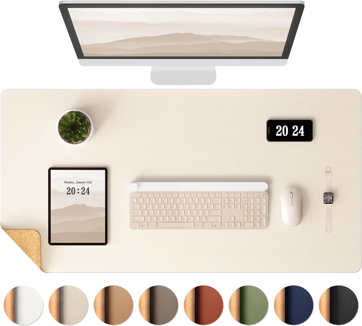 Aothia Dual-Sided Desk Mat - Natural Cork & Leather Desk Protector, Large Mouse Pad, Waterproof Blotter, Writing Pad for Office/Home, Beige (25.6"x13.7")