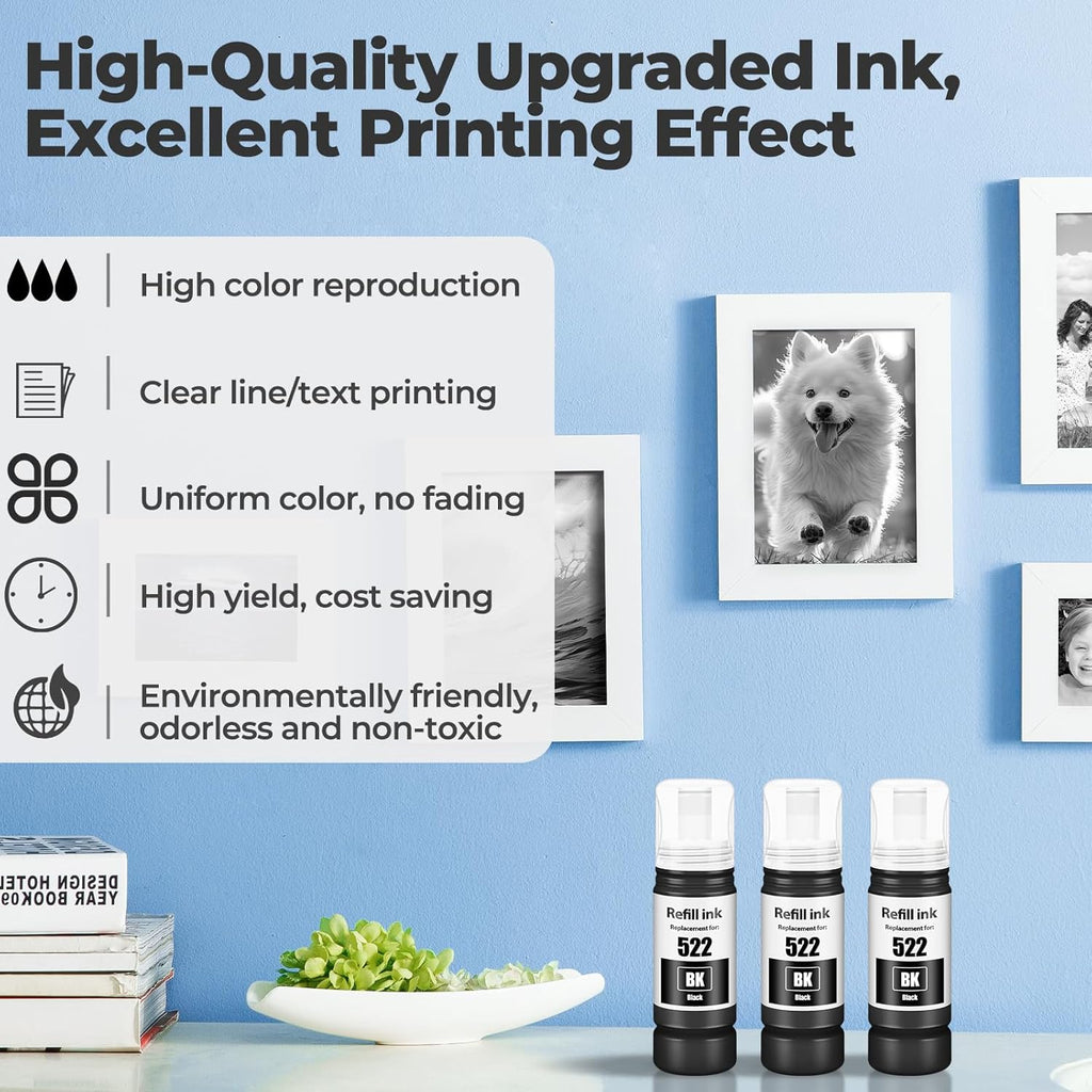 522 Black Ink Refill Bottles ET-2800 ET-4800 ET-2400 ET-2803 ET-2720 Replacement for T522 522 Ink Refill Bottles Black Use for Eco Tank ET-2400 ET-2720 ET-2800 ET-2803 ET-2840 ET-4800 ET-4810 Printers