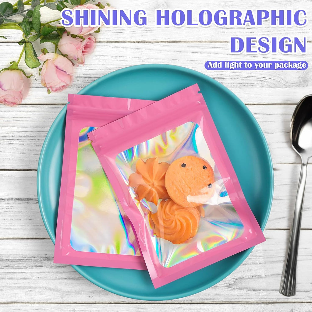 100 PCS Mylar Bags, Pink Holographic Bags, Resealable Bag for Small Business, Foil Pouch Bag for Food Storage, Bracelets, Jewelry（3x5in）