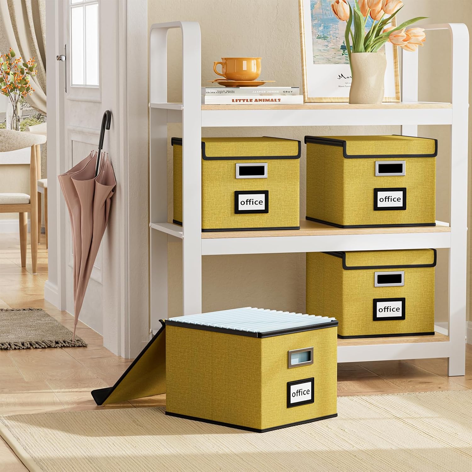 Huolewa Collapsible File Storage Organizer Box with Lid, Linen Document Storage Organization, Universal Hanging Filing Box for Letter/Legal Folder, Decorative Office/Home File Bins - yellow, box only