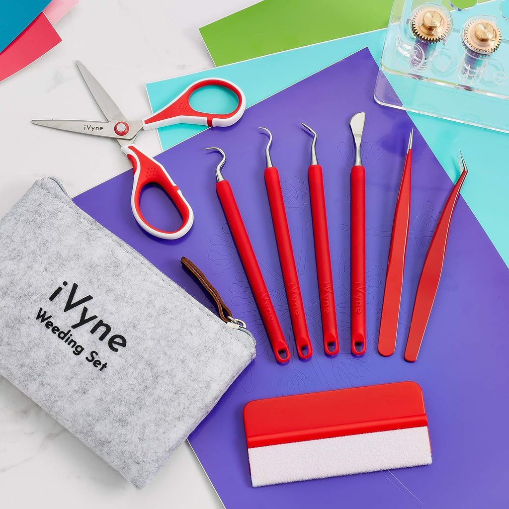 iVyne (8pcs) Berry Essentials Silicone Vinyl Weeding Tool Kit Soft Grip Weeding Tools for Vinyl with Weeder, Tweezers, Picker, Scissors and Scraper Set for Silhouette Cameos and Cricut Craft (Red)
