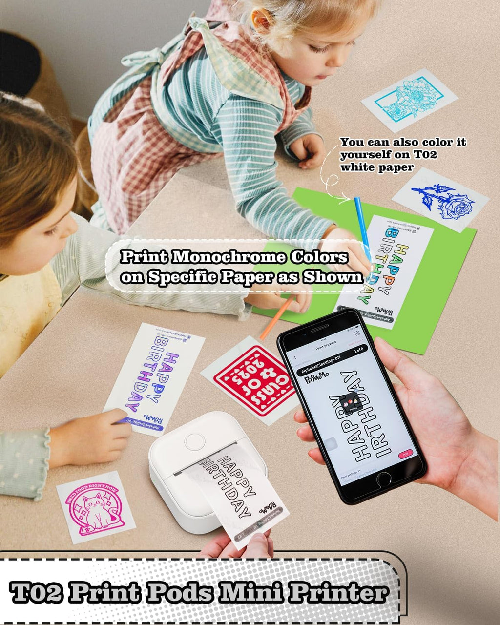 Memoking Sticker Printer - Mini Printer T02 Thermarote Mini Inkless Label Makers Thermal Sticker Maker Machine for Children Students, Compatible with Phone & Tablet, White